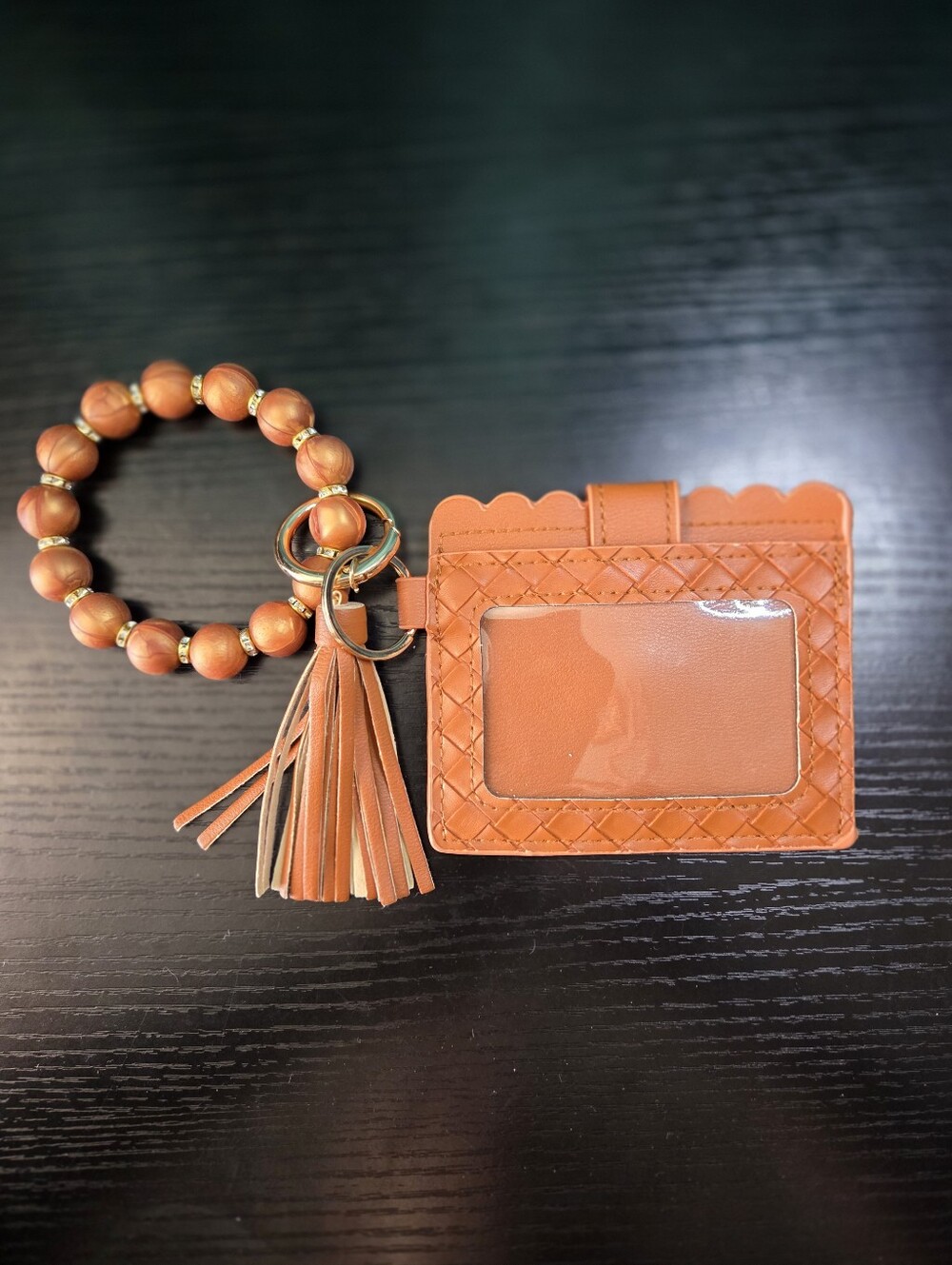 Women's Brown Wristlet Card Holder with Beaded Keyring and Tassel